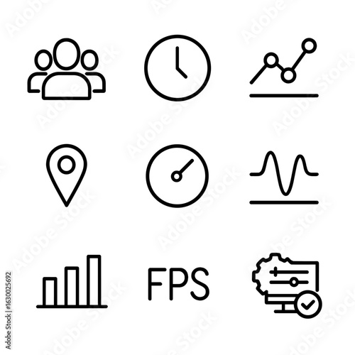 Stream Analytics Icons. Outline icon set of stream analytics: viewers count, watch time, peak audience, geographic location,