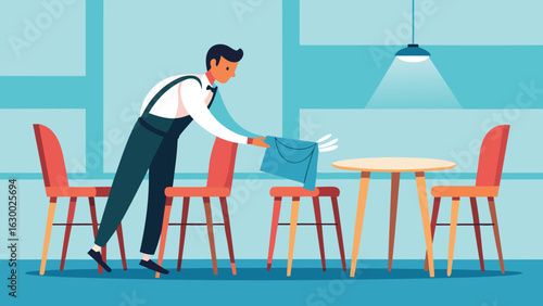 Illustration of a waiter setting a table with a blue cloth in a restaurant with red chairs and a light