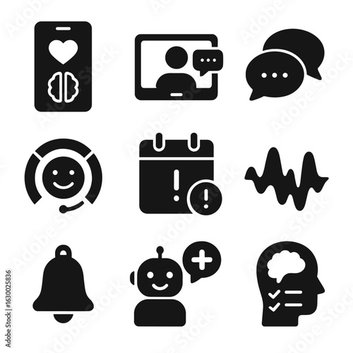 Digital Mental Health Icons. Solid, filled icons set of Digital mental health tools: smartphone app, video