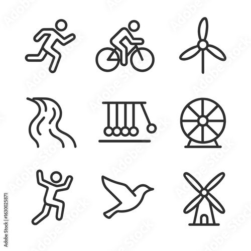 Kinetic Energy Icons. Outline icon set of kinetic energy: running person, bicycle, turbine blades, flowing river, swinging
