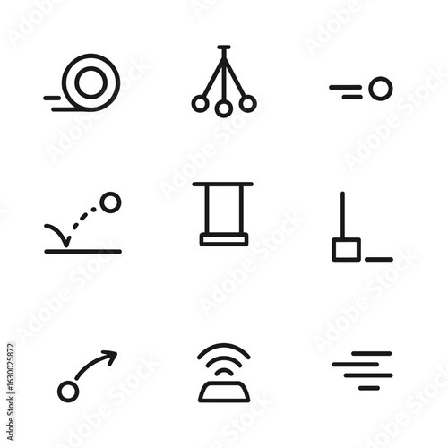 Kinetic Energy Icons. Outline icon set of kinetic energy: rolling wheel, pendulum, moving ball, bounce line, swing icon, falling
