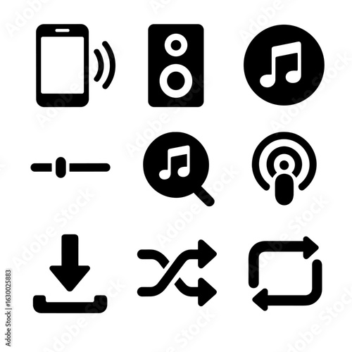 Digital Music Icons. Solid, filled icons set of digital music platforms: smartphone with sound waves, speaker,
