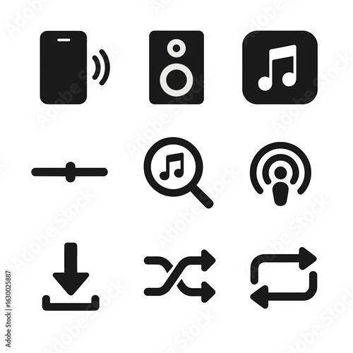 Digital Music Icons. Solid, filled icons set of digital music platforms: smartphone with sound waves, speaker,