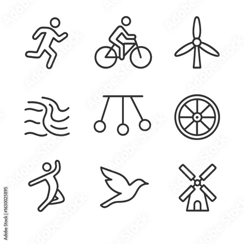 Kinetic Energy Icons. Outline icon set of kinetic energy: running person, bicycle, turbine blades, flowing river, swinging