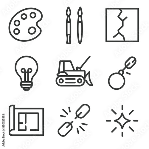 Creativity and Destruction Icons. Outline icon set of human creativity and destruction: paint palette, sculpting tools, bulldozer,