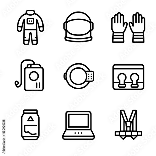 Crew Equipment Icons. Outline icon set of crew equipment: pressure suit, helmet visor, gloves, life support pack, comms module,