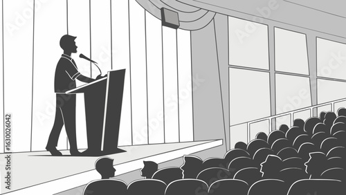 A speaker is giving a presentation to an audience in a large auditorium with big windows and curtains