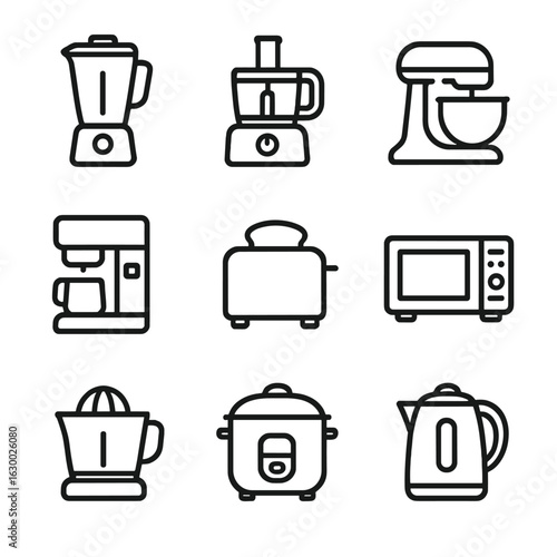 Kitchen Appliances Icon Set. Outline icon set of kitchen machines: blender, food processor, mixer, coffee maker, toaster,