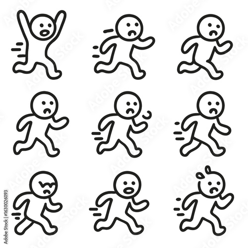 Chase Emotions Icons. Outline icon set of chase emotions and expressions: excitement, fear, determination, surprise, anger,