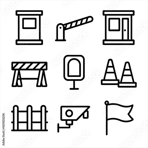 Checkpoint Icons Set. Outline icon set of checkpoint structures: guard post, barrier gate, security booth, roadblock, checkpoint