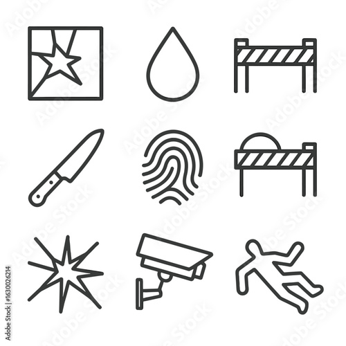 Crime Scene Icons. Outline icon set of violent crime scenes: broken window, blood drop, crime tape, weapon, fingerprint, police