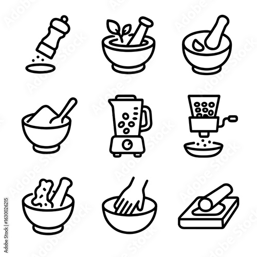 Kitchen Grinding Icons. Outline icon set of kitchen grinding processes: grinding spices, crushing herbs, pounding garlic, mixing
