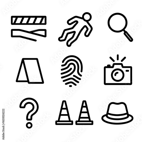 Crime Scene Icons. Outline icon set of crime scene: police tape, footprint outline, magnifying glass, evidence marker, fingerprint