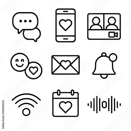 Digital Relationship Icons. Outline icon set of digital relationship tools: chat bubbles, smartphone with