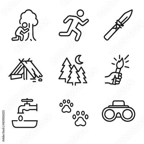 Survival Fear Icons. Outline icon set of fear in survival: hiding behind tree, running figure, makeshift weapon, broken shelter,