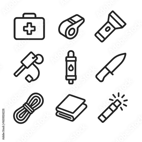 Survival Kit Icons. Outline icon set of safety and survival: first aid kit, whistle, flashlight, fire starter, water filter, knife