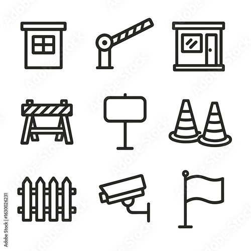 Checkpoint Icons Set. Outline icon set of checkpoint structures: guard post, barrier gate, security booth, roadblock, checkpoint
