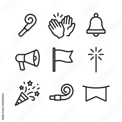 Cheering Tools Icons. Outline icon set of cheering tools: noisemaker, clapping hands, bell, megaphone, cheer flag, sparkler,