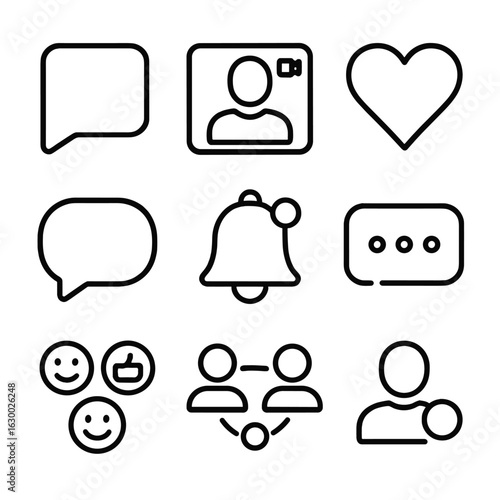 Digital Relationship Tools Icons. Outline icon set of digital age relationship tools: chat app icon, video