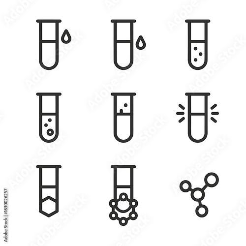 Chemical Elements Icons. Outline icon set of test tube chemical elements and compounds: acid, base, salt, solvent, reagent,