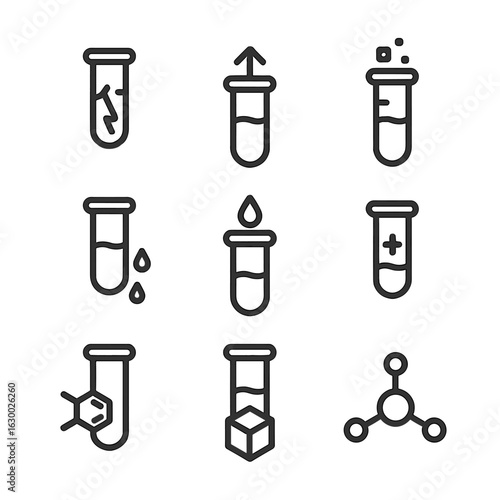 Chemical Elements Icons. Outline icon set of test tube chemical elements and compounds: acid, base, salt, solvent, reagent,