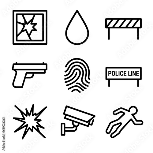 Crime Scene Icons. Outline icon set of violent crime scenes: broken window, blood drop, crime tape, weapon, fingerprint, police