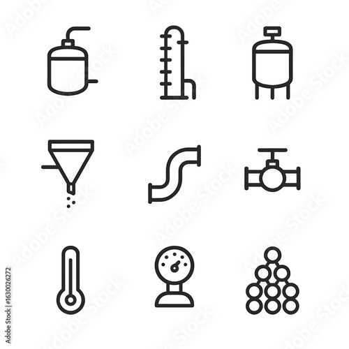 Chemical Equipment Icons. Outline icon set of chemical engineering equipment: reactor, distillation column, mixer, filter, pipe,