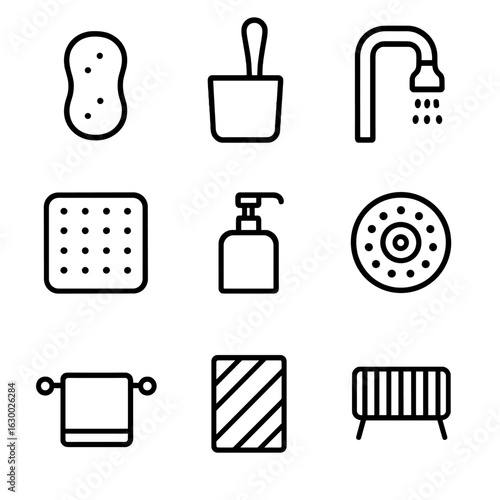 Kitchen Sink Icons. Outline icon set of kitchen sink accessories: sponge, brush holder, faucet sprayer, sink mat, soap dispenser,