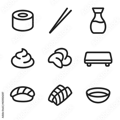 Sushi Icons Set. Outline icon set of sushi essentials: sushi roll, chopsticks, soy sauce bottle, wasabi, ginger, sushi tray,