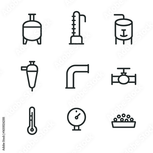 Chemical Equipment Icons. Outline icon set of chemical engineering equipment: reactor, distillation column, mixer, filter, pipe,