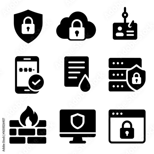 Digital Security Icons. Solid, filled icons set of digital advertising data protection: lock shield, secure
