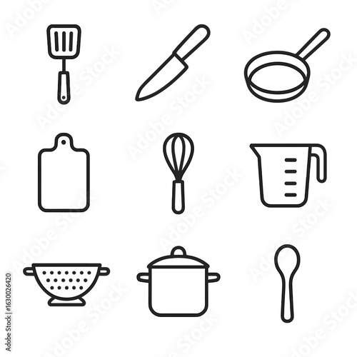 Kitchen Tools Icons. Outline icon set of kitchen necessities: spatula, knife, pan, cutting board, whisk, measuring cup, colander,