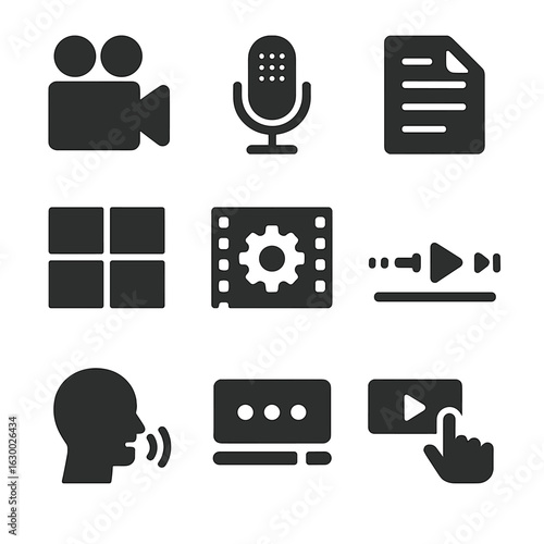 Digital Storytelling Icons. Solid, filled icons set of digital storytelling: video camera, microphone, script,
