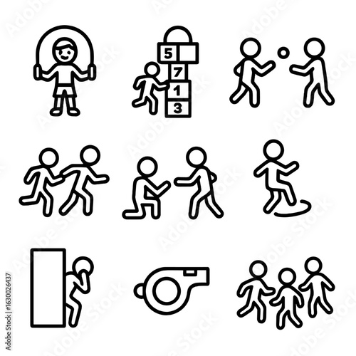 Childhood Games Icons. Outline icon set of whistle in childhood games: skip rope, hopscotch, catch, tag, relay, hop, jumping, hide