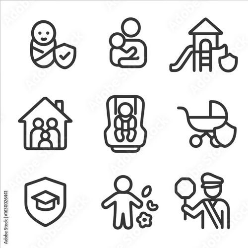 Child Safety Icons. Outline icon set of child protection: baby with shield, parent holding child, protected playground, family