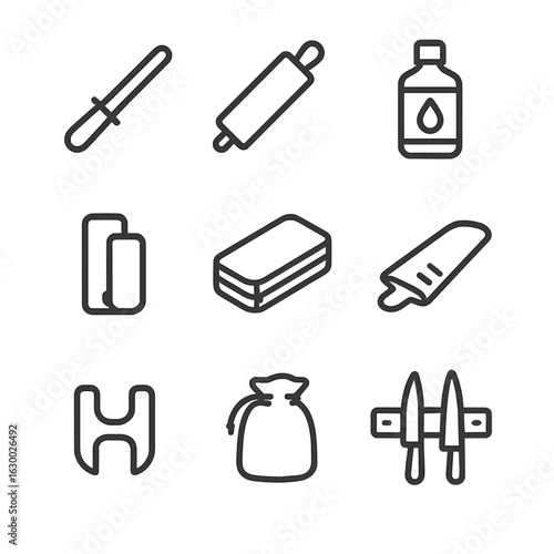 Knife Accessories Icons. Outline icon set of knife accessories: sharpening steel, leather strop, knife oil, sheath clip, knife