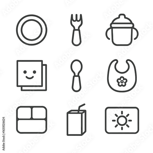 Children's Place Setting Icons. Outline icon set of children’s place setting: plastic plate, toddler fork, sippy cup, cartoon