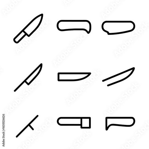 Knife Parts Icons. Outline icon set of knife parts: blade, handle, bolster, tang, tip, spine, edge, point, finger guard. Line