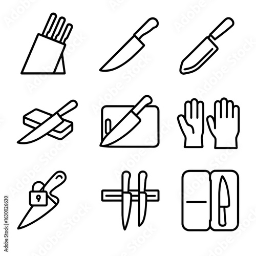 Knife Safety Icons. Outline icon set of knife safety and storage: knife block, sheath, blade guard, sharpening stone, cutting