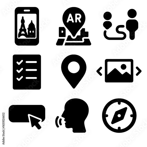Digital Tourism Icons. Solid, filled icons set of digital tourism apps: phone with landmarks, AR pin, guided
