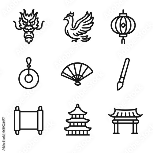 Chinese Heritage Icons. Outline icon set of traditional Chinese heritage: dragon, phoenix, red lantern, jade pendant, paper fan,
