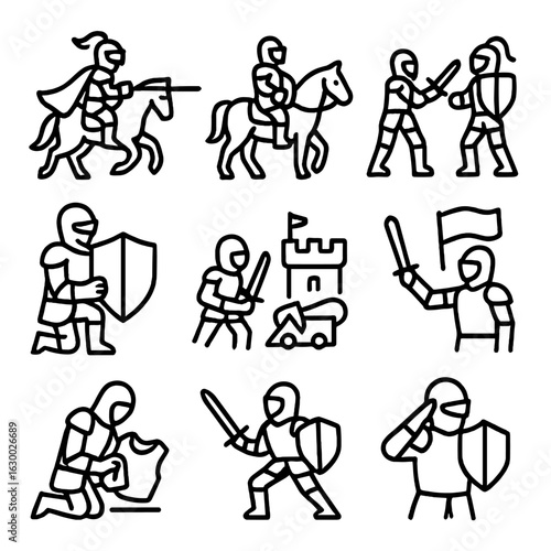 Knight Activity Icons. Outline icon set of knight activities: jousting, horseback riding, sword fighting, shield block, castle