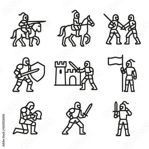 Knight Activity Icons. Outline icon set of knight activities: jousting, horseback riding, sword fighting, shield block, castle