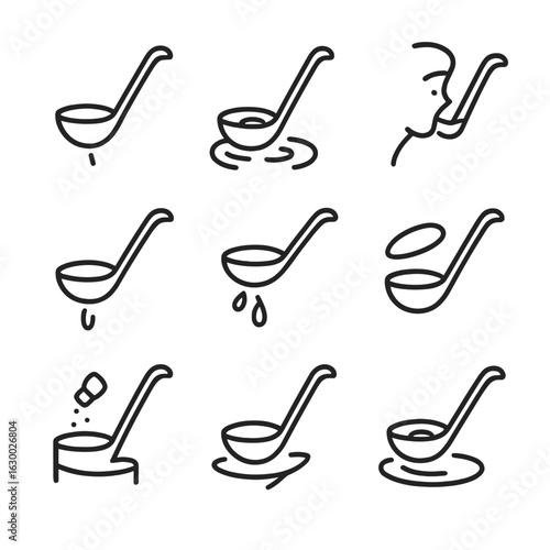 Culinary Ladle Icons. Outline icon set of ladle in culinary process: ladle scooping, ladle stirring, ladle tasting, ladle pouring,