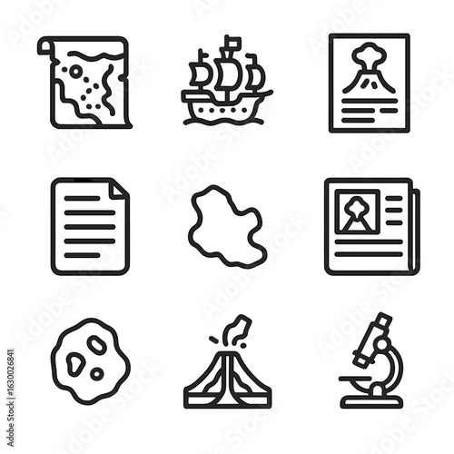 Krakatoa History Icons. Outline icon set of Krakatoa history: old map, explorer ship, eruption report, news bulletin, historical