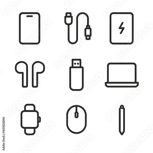 Tech Icons Grid. Outline icon set of tech essentials: smartphone, charging cable, power bank, wireless earbuds, USB drive, laptop,
