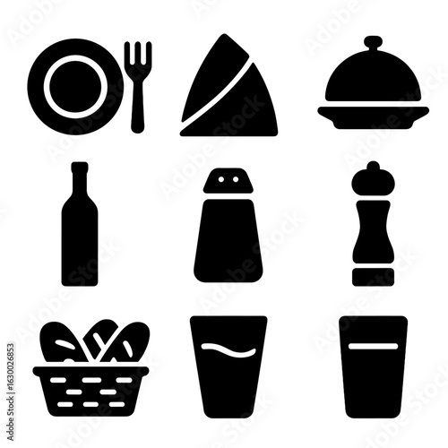 Dining Icons Set. Solid, filled icons set of dining and serving: plate, cutlery, napkin, serving tray, wine