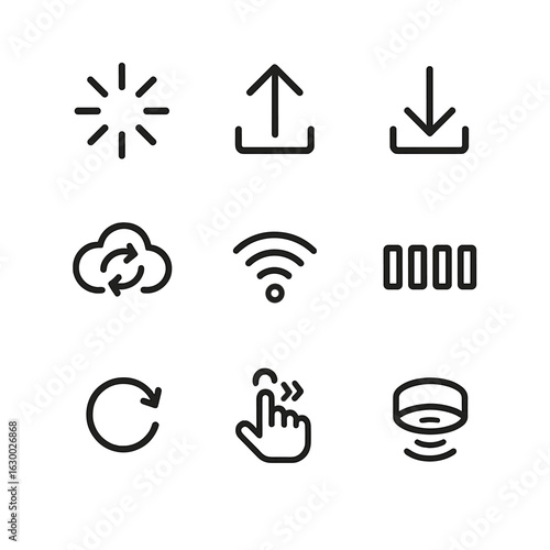 Tech Motion Icons. Outline icon set of tech motion: loading spinner, upload arrow, download arrow, syncing cloud, Wi-Fi signal,