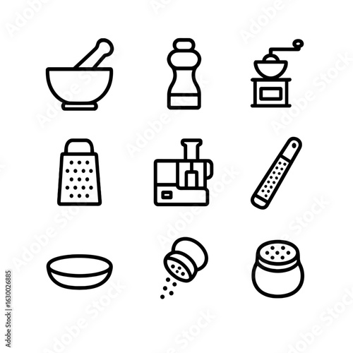 Culinary Tool Icons. Outline icon set of culinary grinding tools: pestle, mortar, spice mill, hand grinder, grater, food processor