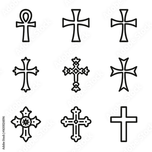 Cultural Cross Icon Set. Outline icon set of cultural crosses: Ankh cross, Norse cross, Byzantine cross, Armenian cross, Ethiopian
